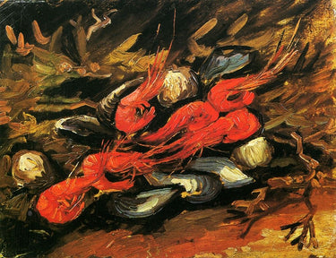 Colorful canvas art print of mussels and shrimp by Yoshitoshi Tsukioka, titled Feeling at Home, suitable for kitchen decor.