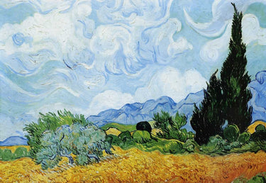 Wheat field with cypresses landscape canvas art print by Feeling at Home, featuring vibrant colors and detailed natural scenery.