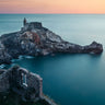 Coastal canvas art print of Portovenere Italy sunset by Van Deelen Ellen, featuring vibrant colors and scenic coastal views.