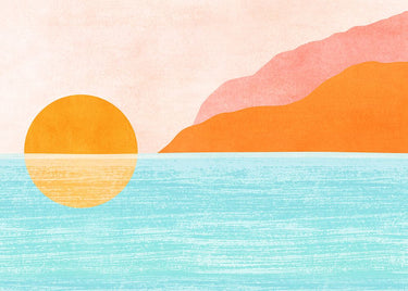 Coastal canvas art print of a sunset island scene by Buhligaha Hussain, featuring vibrant colors and serene ocean views.