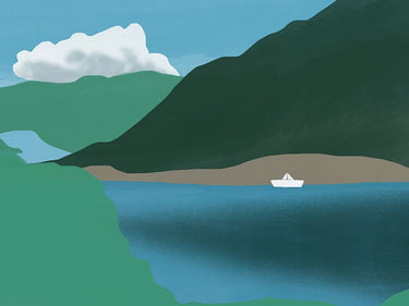 Coastal canvas art print of a paper boat by Mikhail Faletkin, featuring sunny seaside scenery, from Feeling at Home.