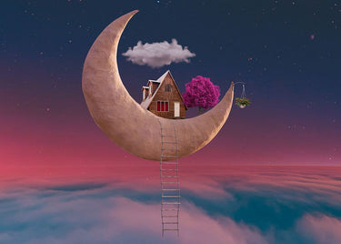 Fantasy moon house canvas art print by Schleicher-Schwarz R, featuring a dreamy, whimsical moon house scene for home decor.