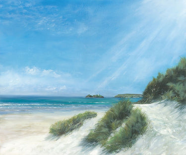 Gwithian Coastal canvas art print by Fadda Maria Nella, featuring a serene seaside landscape in calming colors.