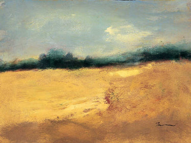 Gold glitter countryside landscape art print by Nari K on canvas, featuring a serene rural scene with golden accents.
