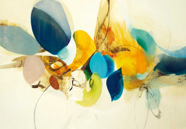Abstract yellow and blue colors canvas art print by Nari K., vibrant modern artwork for home decor.