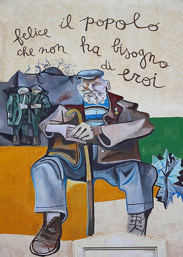 Colorful art print by Saiu Giovanni featuring happy people murals on canvas, titled Orgosolo heroes, from Feeling at Home collection.