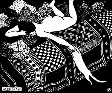 Feeling at Home art print featuring a nude girl with cat, a figurative canvas artwork by Archivio, displayed on a wall.
