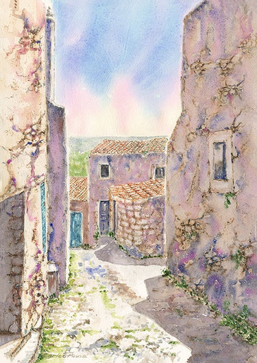 Canvas Art Print Old Village houses watercolor Modern subject by Cannas Elena Fine Art Print quality