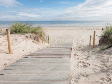 Coastal canvas art print by Phillip Jamie featuring a wooden walkway on the sea, perfect for beach-themed home decor.