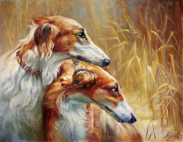 Russian Greyhounds art print by Wiley Marta featuring greyhounds on the hunt, printed on museum-quality canvas.