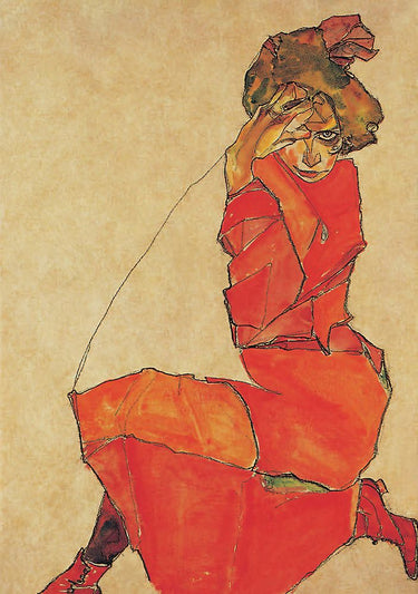 Schiele Egon abstract art print of a kneeling girl in an orange-red dress on canvas