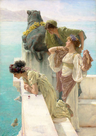 A Coign of Vantage 1895 museum canvas art print by Alma-Tadema Lawrence, featuring women overlooking the sea