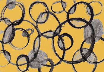 Abstract gold canvas art print featuring black circle designs by Feeling at Home, signed by ODell Debbie.
