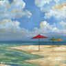 Feeling at Home coastal canvas art print titled Umbrella Beachscape I by Brent Paul, showing a vibrant beach scene with umbrellas and ocean.