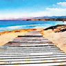 Decorative canvas art print titled Pier Review by Meyer Jill, featuring a serene coastal scene in natural tones.