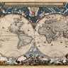 Vintage canvas art print of the world map by Blaeu Joan, featuring detailed cartography on a textured surface.