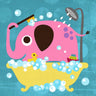 Feeling at Home elephant canvas art print featuring a playful elephant in a bathtub, perfect for home decor.