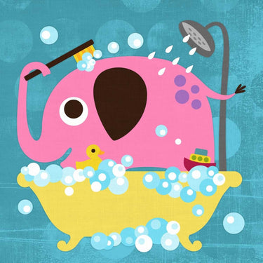 Feeling at Home elephant canvas art print featuring a playful elephant in a bathtub, perfect for home decor.