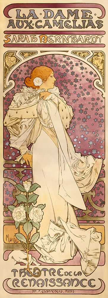 Art print of Sarah Bernhardt as The Lady of the Camellias by Mucha, featuring a vintage 1896 design on canvas.