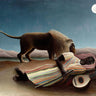Feeling at Home art print of Henri Rousseau's The Sleeping Gypsy 1897 featuring animals on canvas artwork.