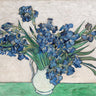 Feeling at home floral art print of Vincent van Gogh's Irises 1890 in a white vase, showcasing vibrant brushstrokes on canvas.