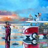 Coastal canvas art print titled The Last Dance II by West Ronald, featuring vibrant ocean scene with boat and sunset colors.