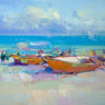 Coastal canvas art print of boats on the shore by Yeremyan Vahe, featuring tranquil seaside scene, by Feeling at Home.