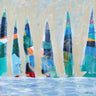 Colorful boats square coastal canvas art print by Meneely Dan, featuring vibrant boat illustrations on textured canvas.