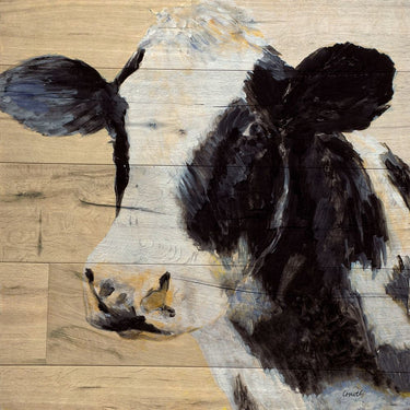 Country French canvas art print of a cow on wood by Loreth Lanie, showcasing rustic farm animal artwork.