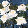 White roses on blue floral canvas art print by Feeling at Home, featuring detailed white roses against a blue background.