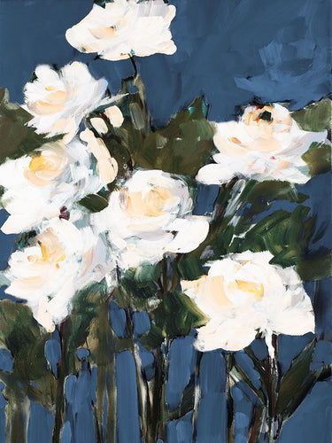 White roses on blue floral canvas art print by Feeling at Home, featuring detailed white roses against a blue background.