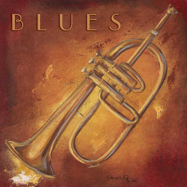 Blues music canvas art print by Hakimipour-Ritter, featuring vibrant blue musical notes on a textured canvas surface.
