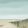 Coastal canvas art print titled "Sunny morning I" by Feeling at Home, featuring a bright seaside scene with soft pastel tones.