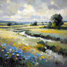Blue field European canvas art print by Saunders Tom, featuring a serene landscape scene in vibrant colors.