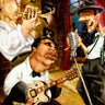 Jazz club humor canvas art print by Alvez A. Perez featuring vibrant band scene, perfect for music lovers' home decor.