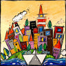 Children's art print titled "E arrivato un nuovo giorno" by Feeling at Home, featuring colorful daytime scene on canvas.