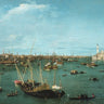 Venice landscape canvas art print of Bacino di San Marco by Canaletto, featuring detailed cityscape and historic architecture.