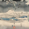 Vintage 1853 Hiroshige Ando canvas art print of snowy landscape with a woman and man, titled Feeling at Home.