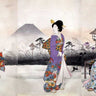 Traditional canvas art print by Feeling at Home depicting Japonaises walking in front of Mount Fuji, showcasing Japanese cultural scene.