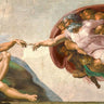 Restored art print of Michelangelo's The Creation of Adam on canvas, by Feeling at Home, showcasing detailed biblical scene.