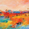 Abstract canvas art print titled "Citta sulla collina" by Marzari Tebo, featuring vibrant cityscape and hillside imagery.