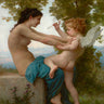 Young girl defending herself against Eros in Bouguereau William-Adolphe art print, displayed on Feeling at Home canvas art print.