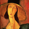 Amedeo Modigliani's portrait of Jeanne Hebuterne, figurative canvas art print showcasing elegant portrait art by Feeling at Home.