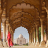 Art Print on canvas Woman in traditional Sari walking towards Taj Mahal by Pangea Images Photography Post-Impressionism artwork