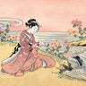 Japanese woman picking chrysanthemums figurative canvas art print by Harunobu Suzuki, showcasing traditional floral scene.