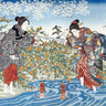 Japanese girls by Ide Tama River art print on canvas, featuring traditional ukiyo-e style by Kuniyoshi Utagawa.