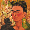 Frida Kahlo's Self-Portrait with Monkey and Parrot figurative canvas art print by Feeling at Home, showcasing vibrant tropical imagery.