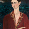 Frida Kahlo self-portrait art print featuring her wearing a velvet dress, titled "Feeling at Home" on a figurative canvas from 1926.