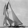 Vintage 1910s canvas art print of a schooner Half Moon by Levick Edwin, featuring nautical scene in a Feeling at Home style.