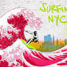Contemporary canvas art print titled Surfin NYC by Masterfunk Collective, featuring vibrant urban surfing scene in bold colors.